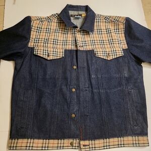 3XL Mens The HipHop Elements Patchwork Denim Vintage Jacket Brown Plaid Y2K 90's